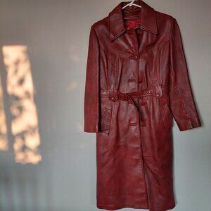 Vintage Olympic Leather Long Trench Coat with removable interlayer, Brown, Sz 14